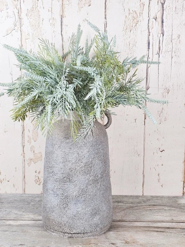 Luxury Faux Foliage: Dusted Ferns in Aged Ceramic Vase
