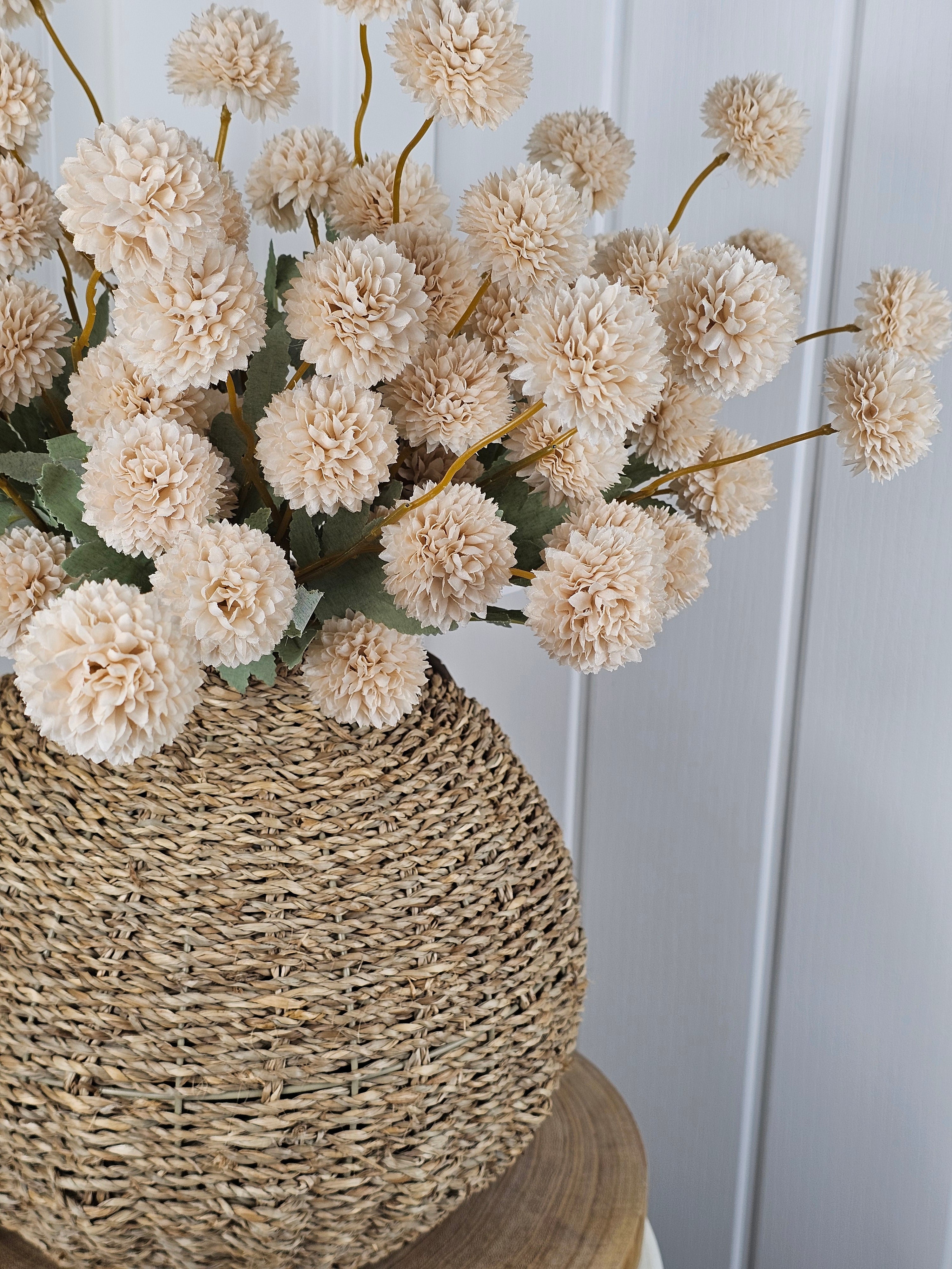 Beige Poms & Wicker Vase