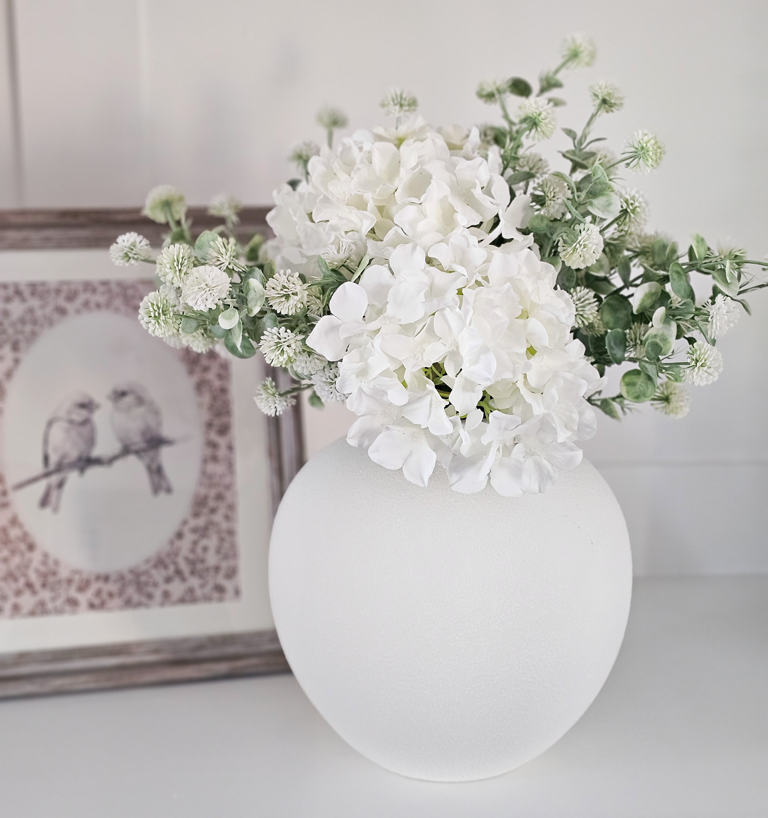 Hydrangea & Thistle Pom with White Vase
