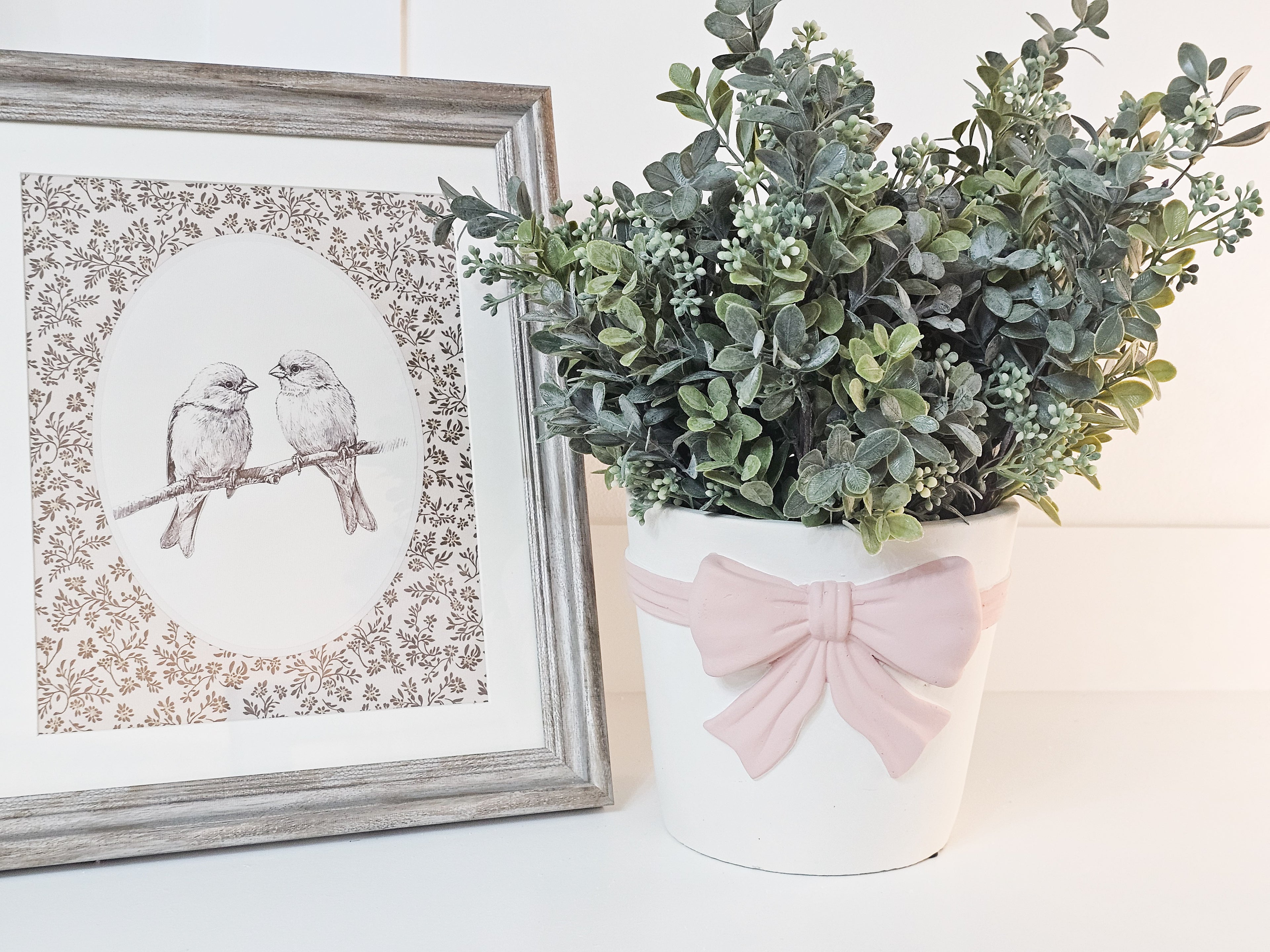 Pink Bow Vase & Boxwood Sprays