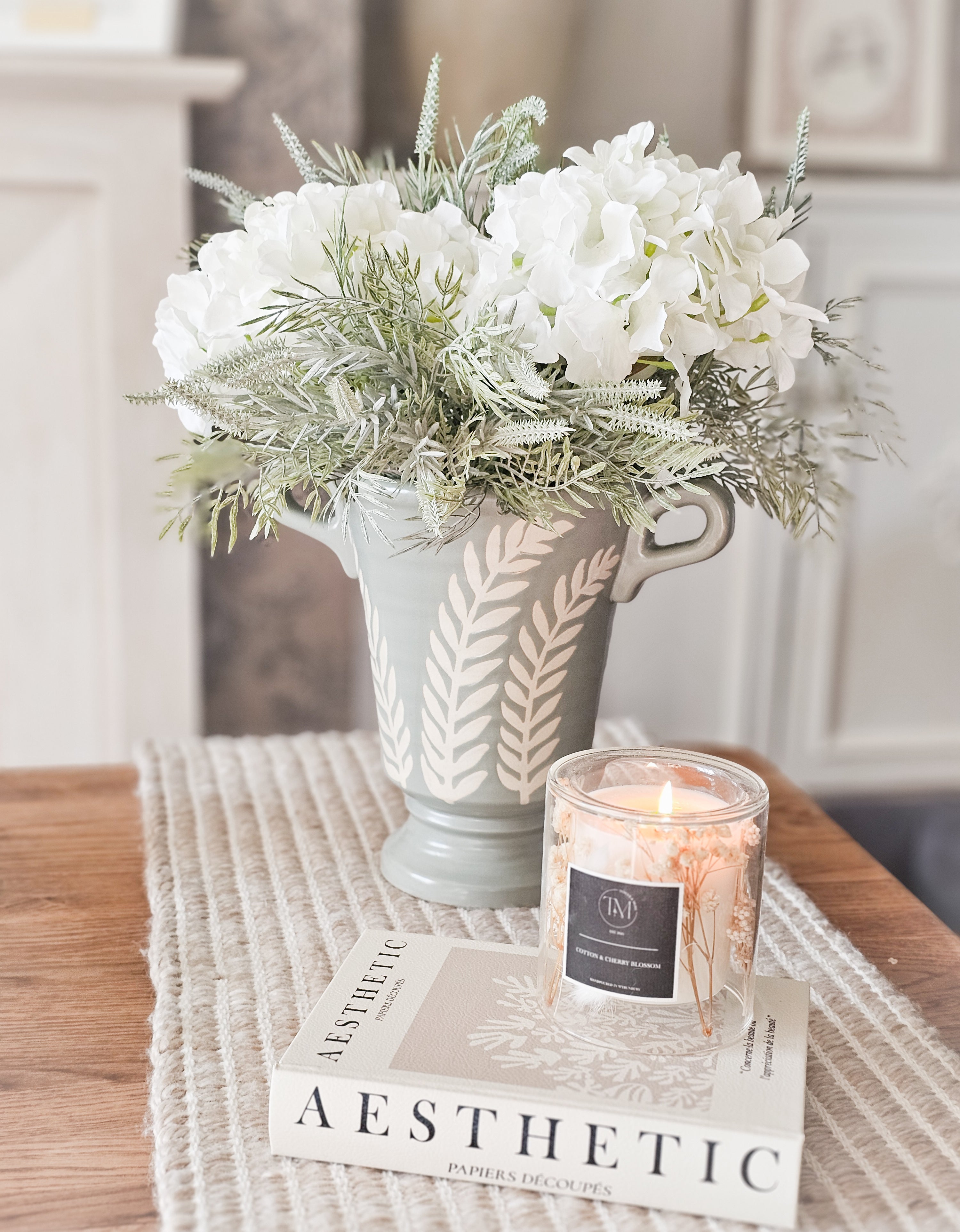 White Hydrangeas & Ferns with Vase