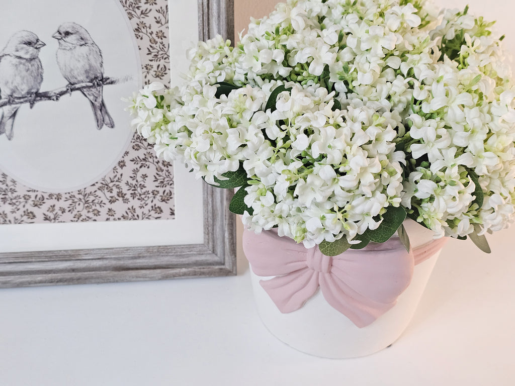 Pink Bow Vase & Lacey Hydrangeas