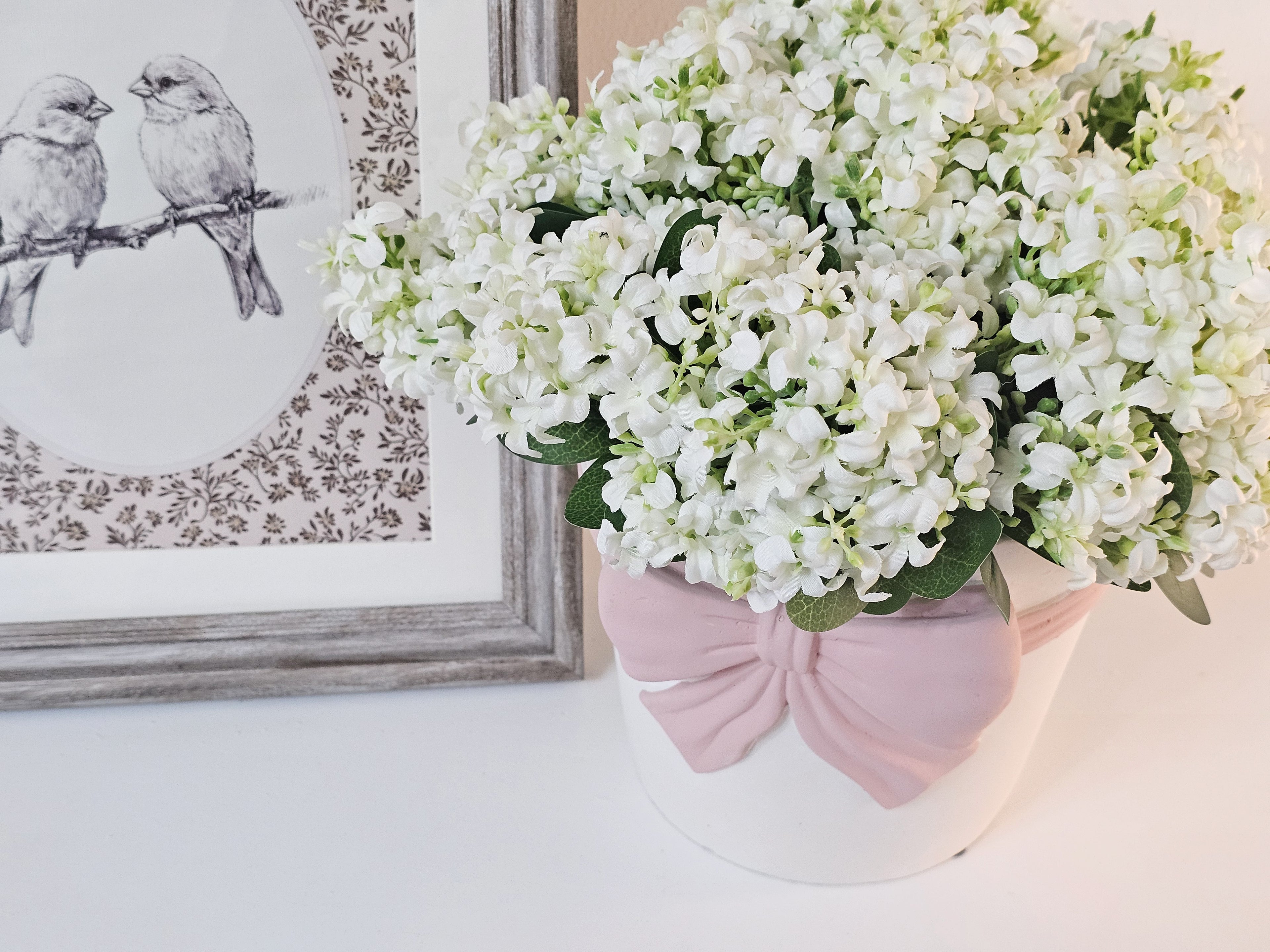 Pink Bow Vase & Lacey Hydrangeas