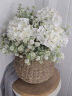 Hydrangea & Thistle Pom with Wicker Vase