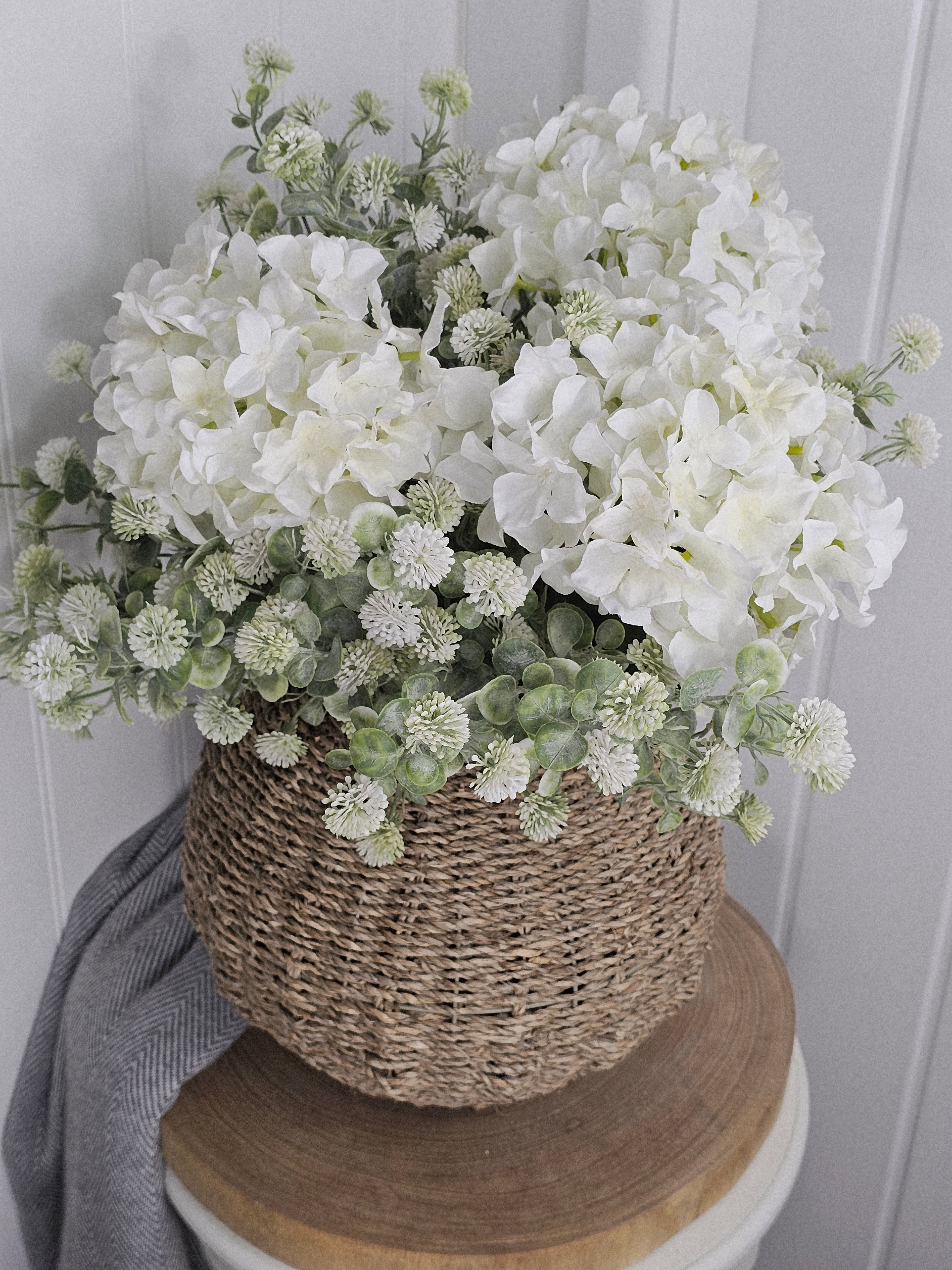 Hydrangea & Thistle Pom with Wicker Vase