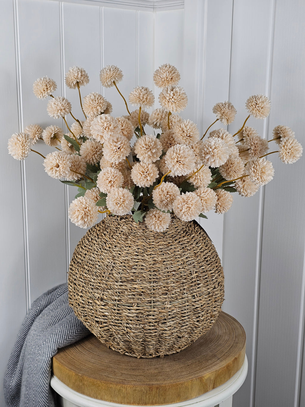 Beige Poms & Wicker Vase