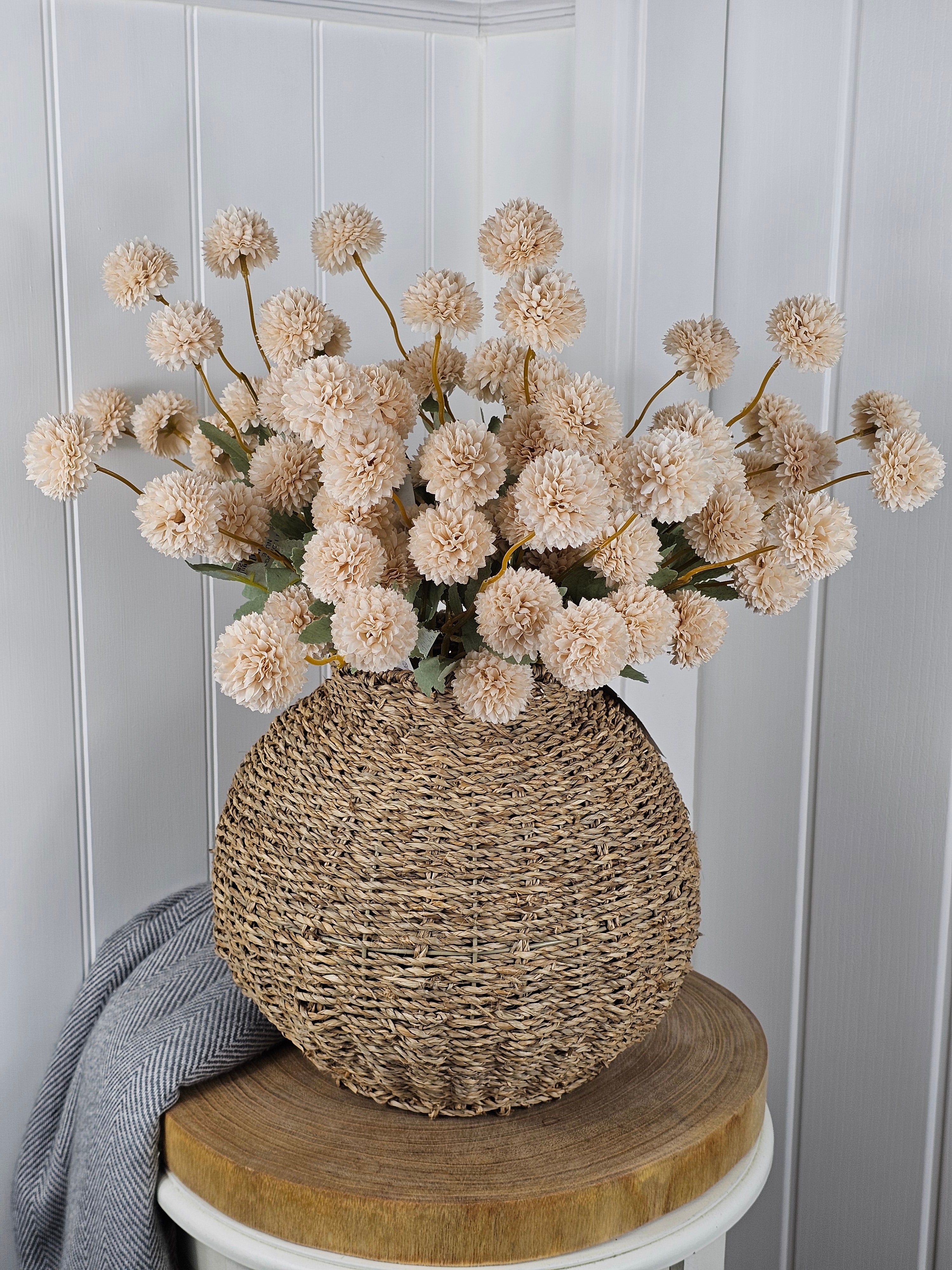 Beige Poms & Wicker Vase