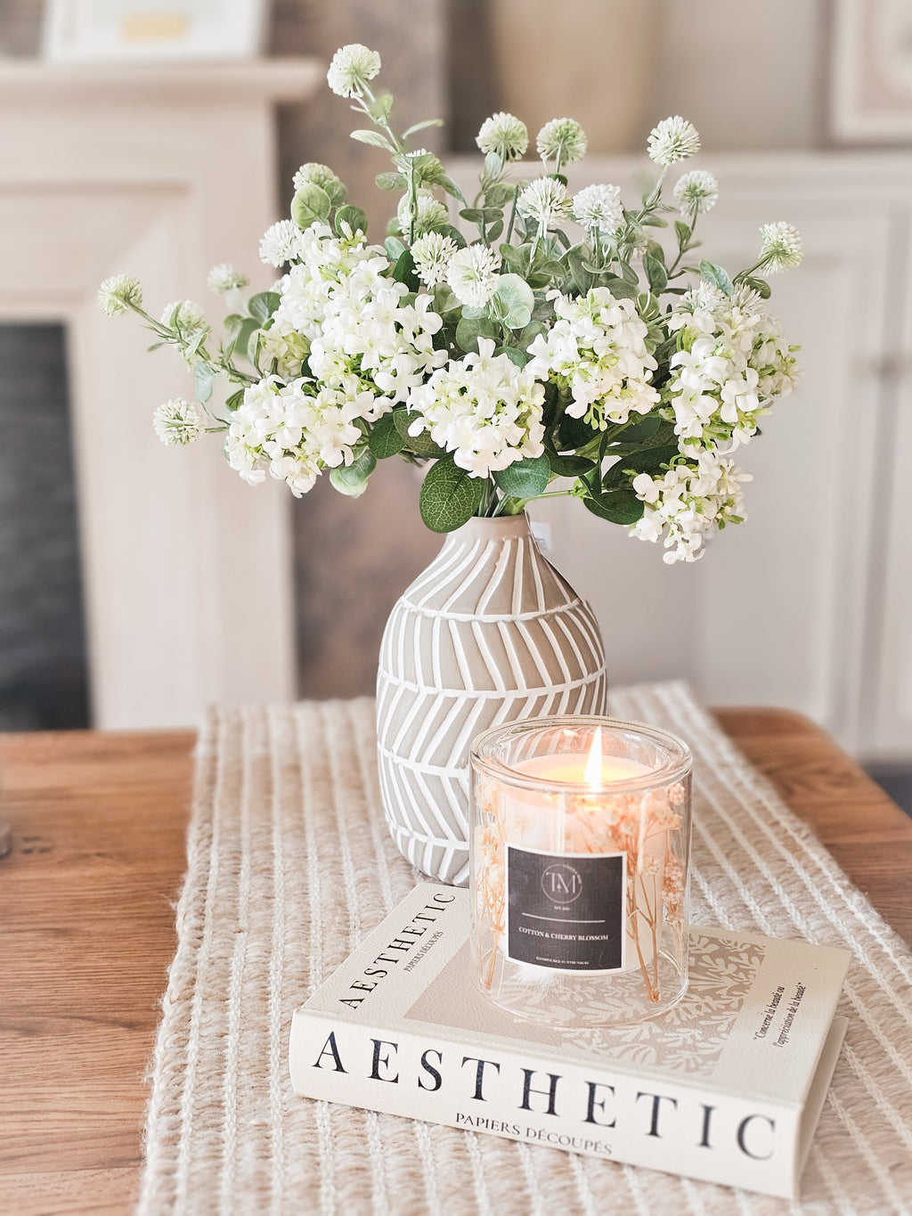 Hydrangeas & Thistle Poms with Vase