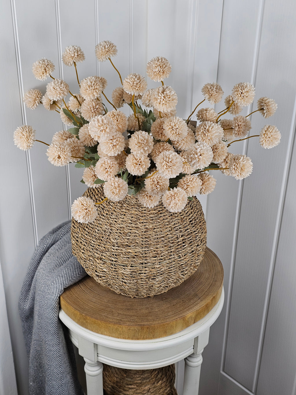 Beige Poms & Wicker Vase