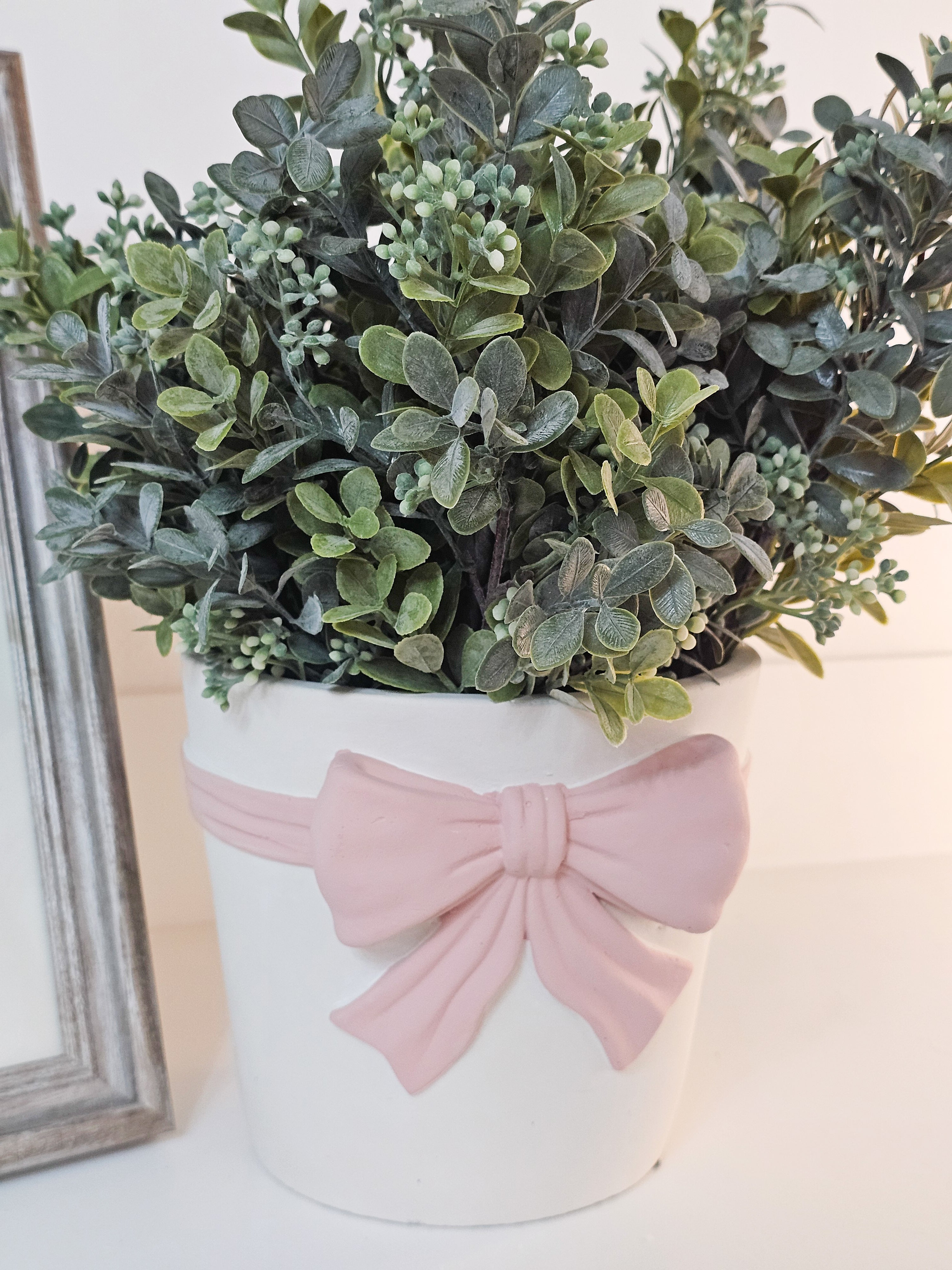 Pink Bow Vase & Boxwood Sprays