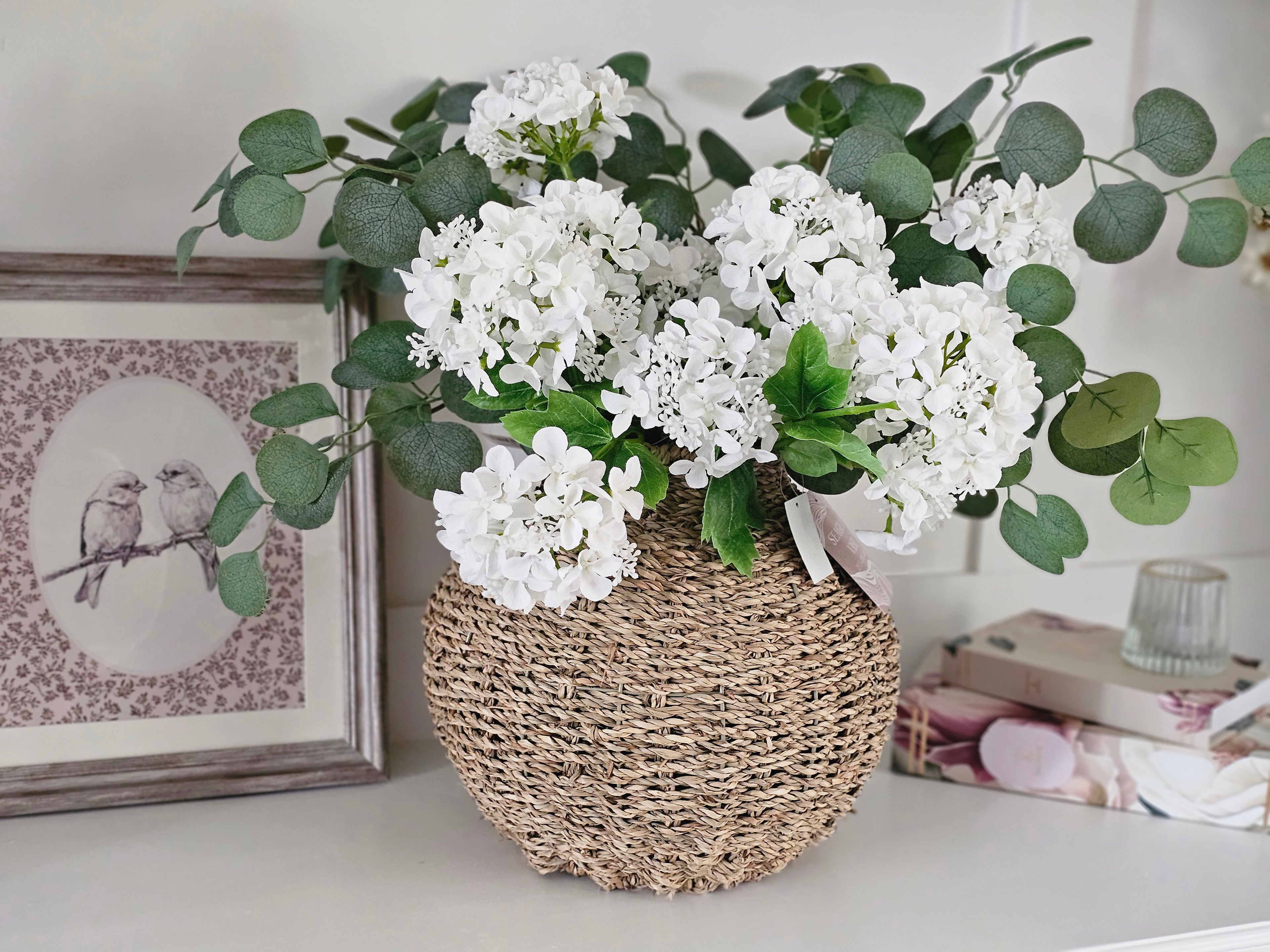 Double White Hydrangeas & Wicker Vase