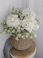 Hydrangea & Thistle Pom with Wicker Vase