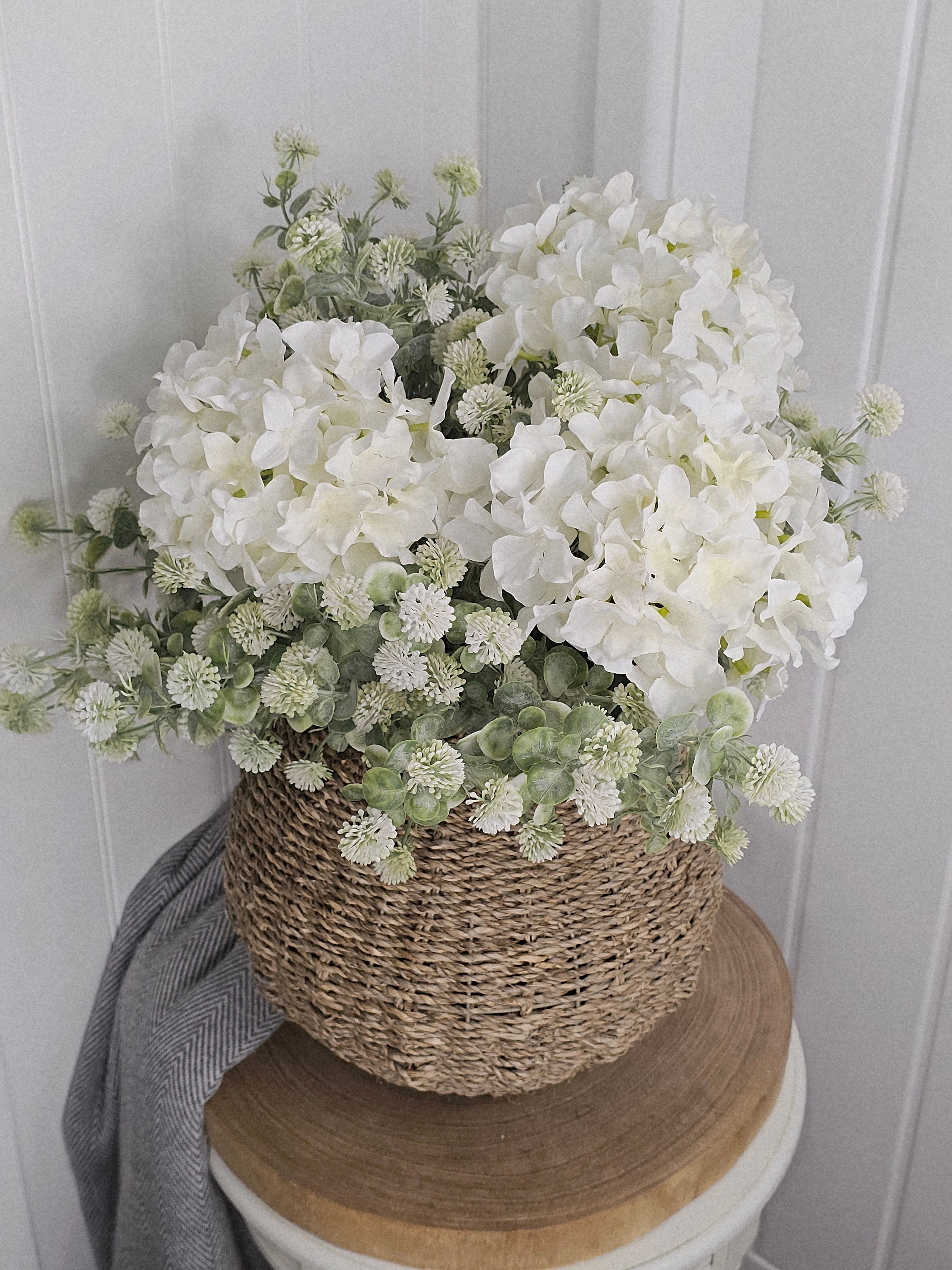 Hydrangea & Thistle Pom with Wicker Vase