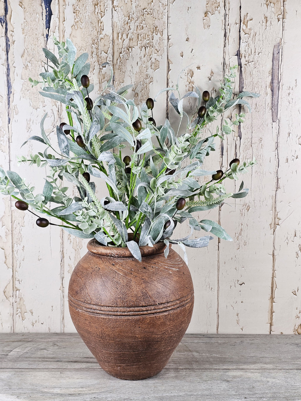 Olive Stems & Brown Rustic Vase