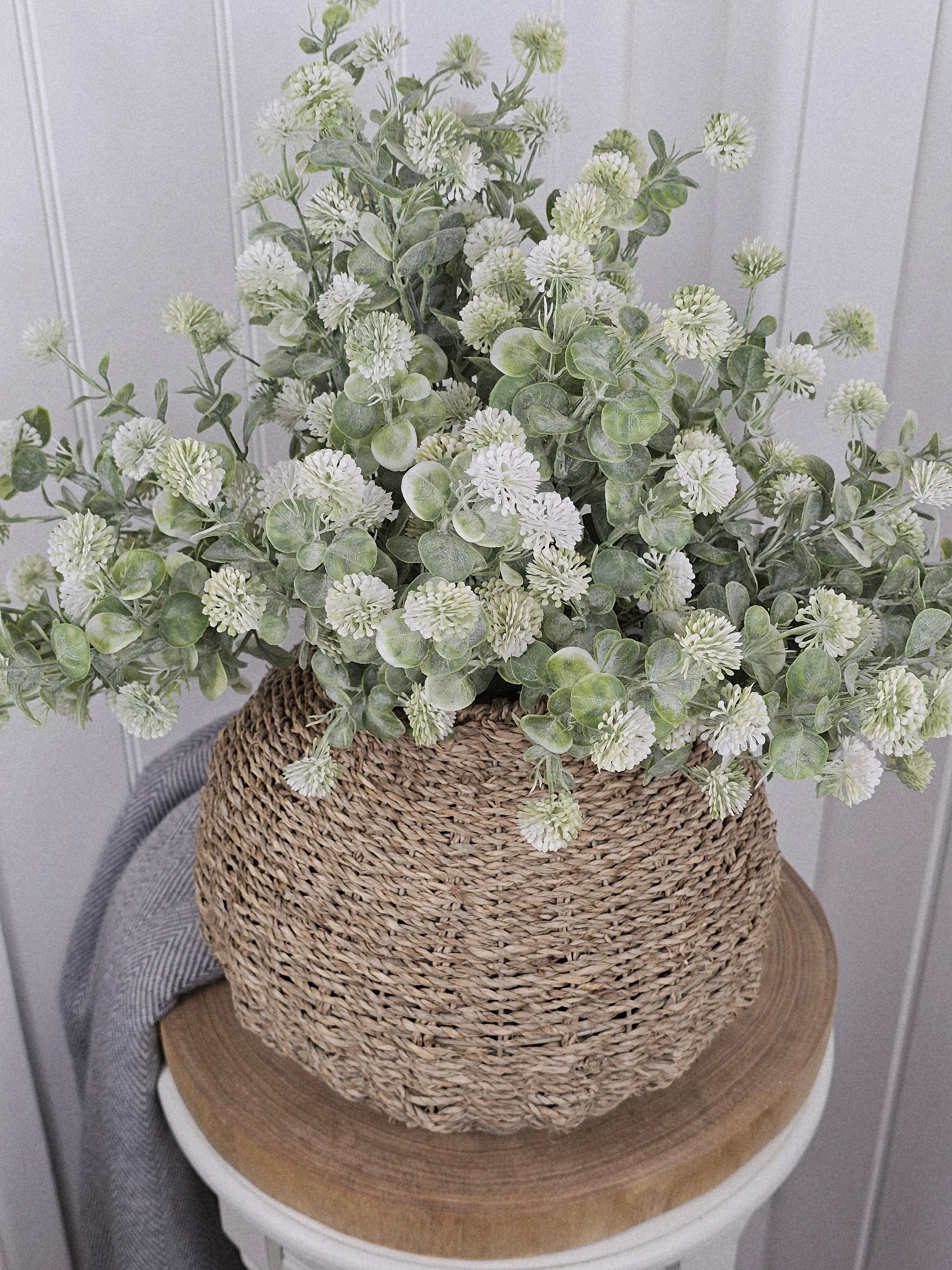 Soft Thistle Poms & Wicker Vase