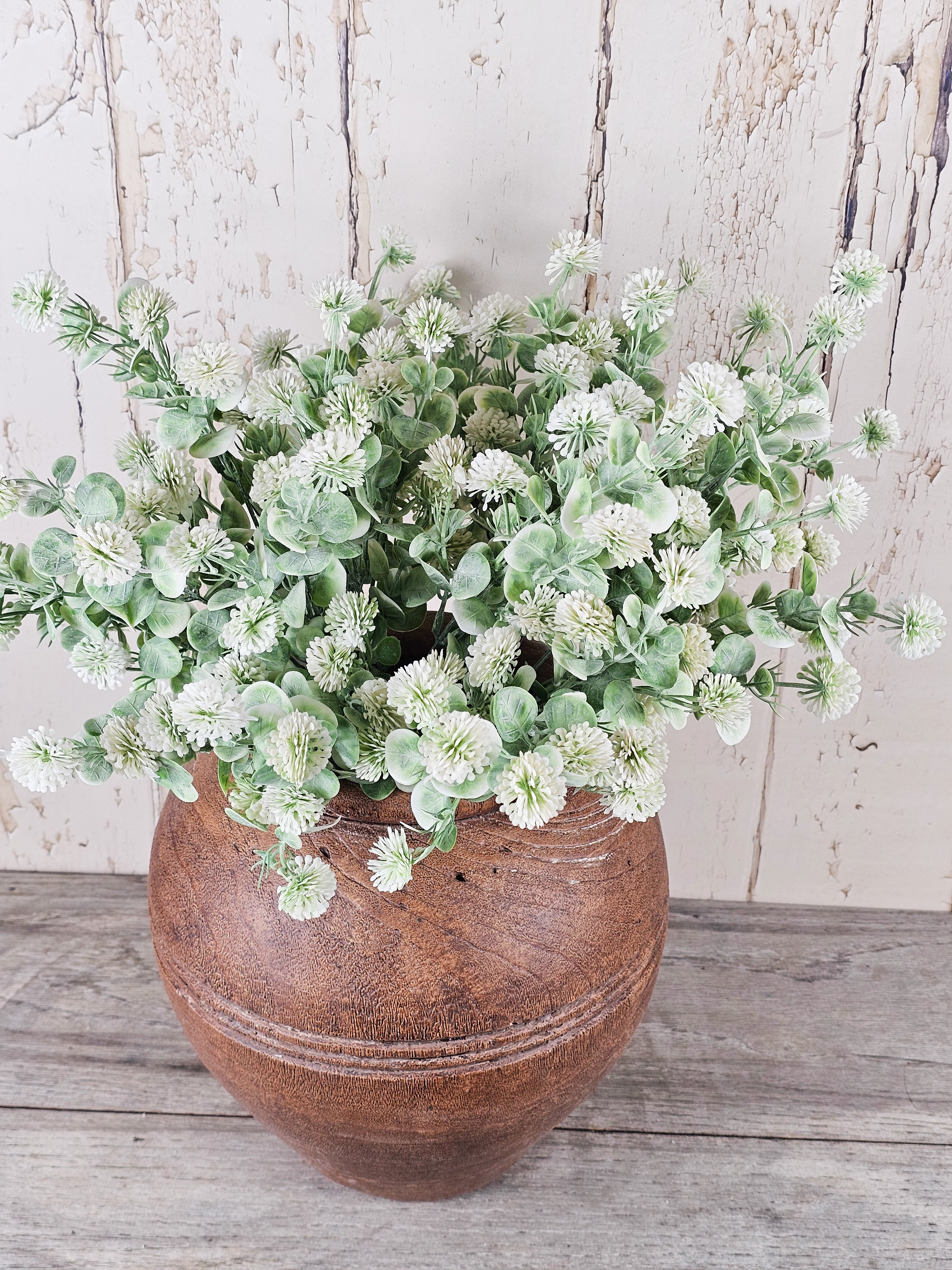 Dusted Poms & Rustic Brown Vase