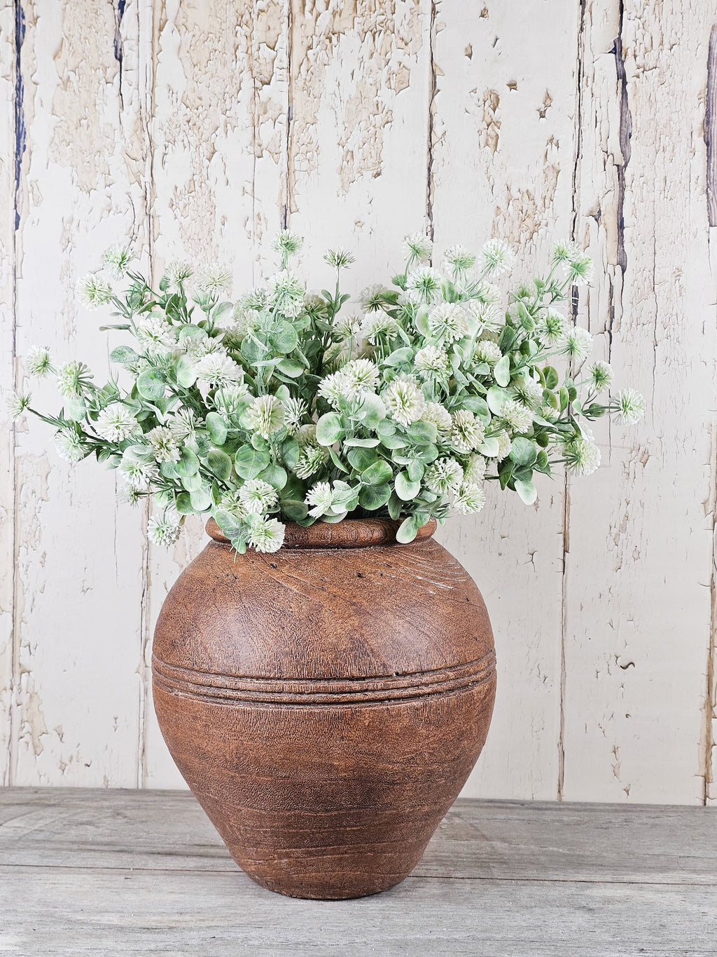 Dusted Poms & Rustic Brown Vase
