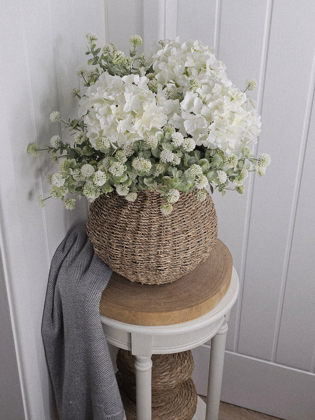 Hydrangea & Thistle Pom with Wicker Vase