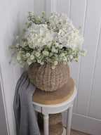 Hydrangea & Thistle Pom with Wicker Vase