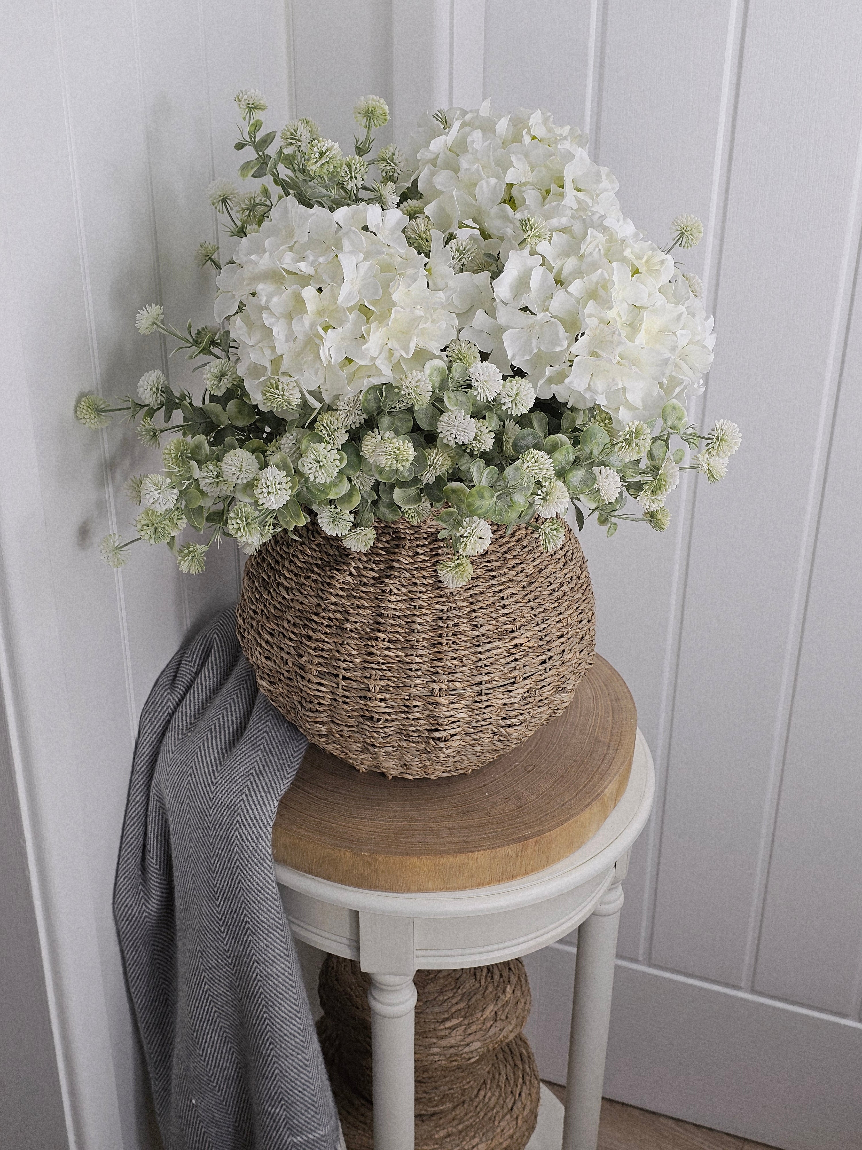 Hydrangea & Thistle Pom with Wicker Vase