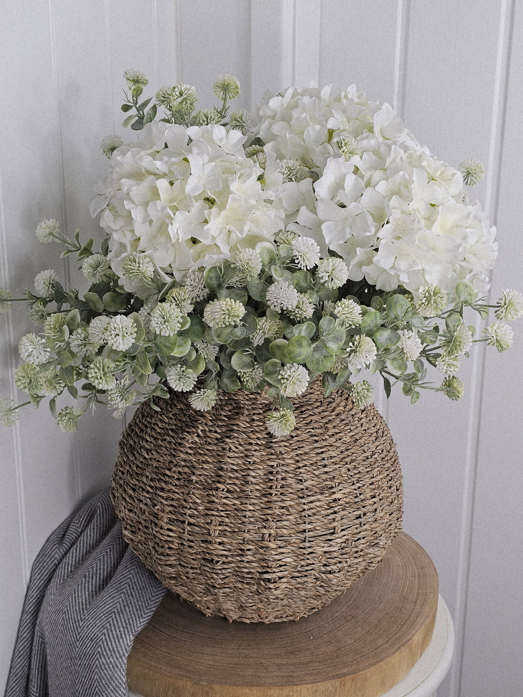 Hydrangea & Thistle Pom with Wicker Vase