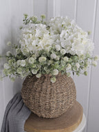 Hydrangea & Thistle Pom with Wicker Vase