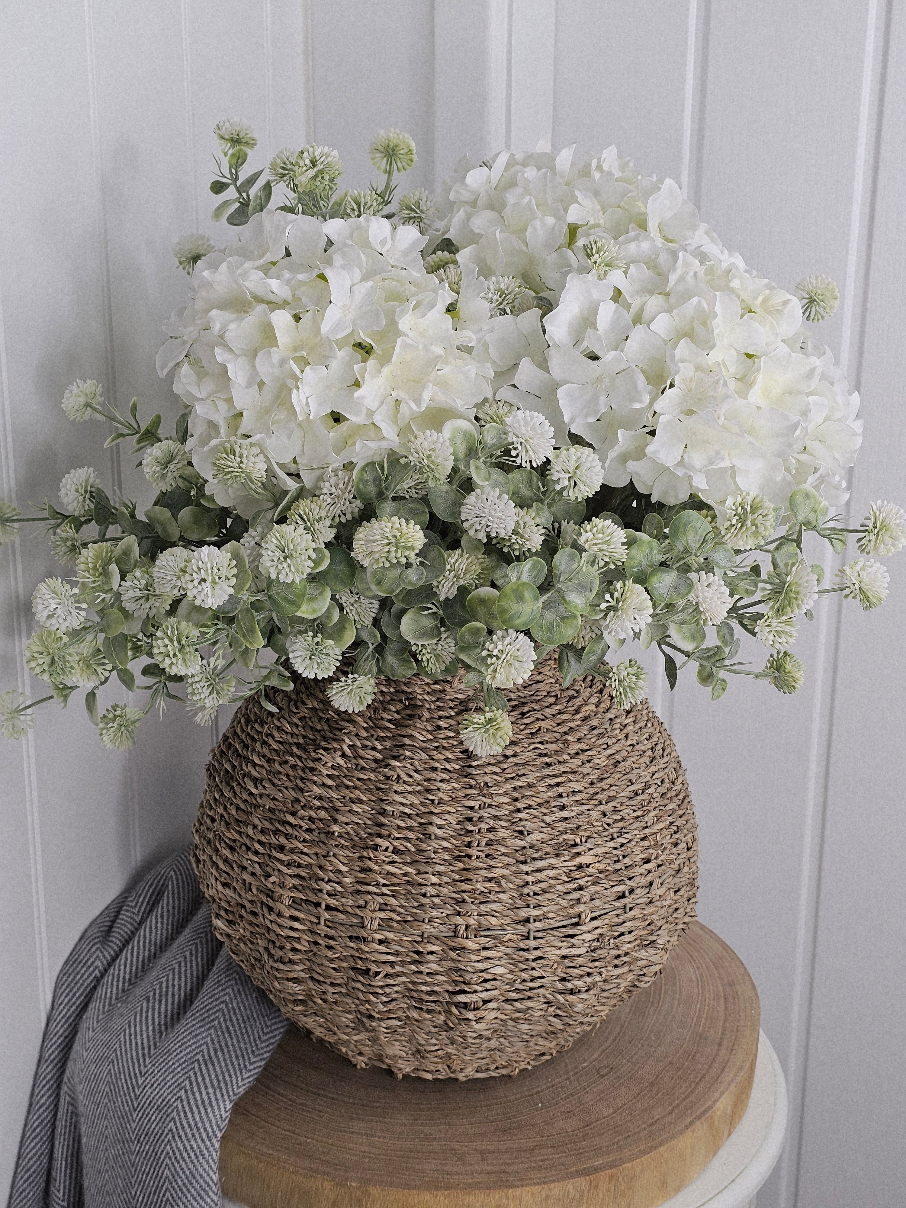 Hydrangea & Thistle Pom with Wicker Vase