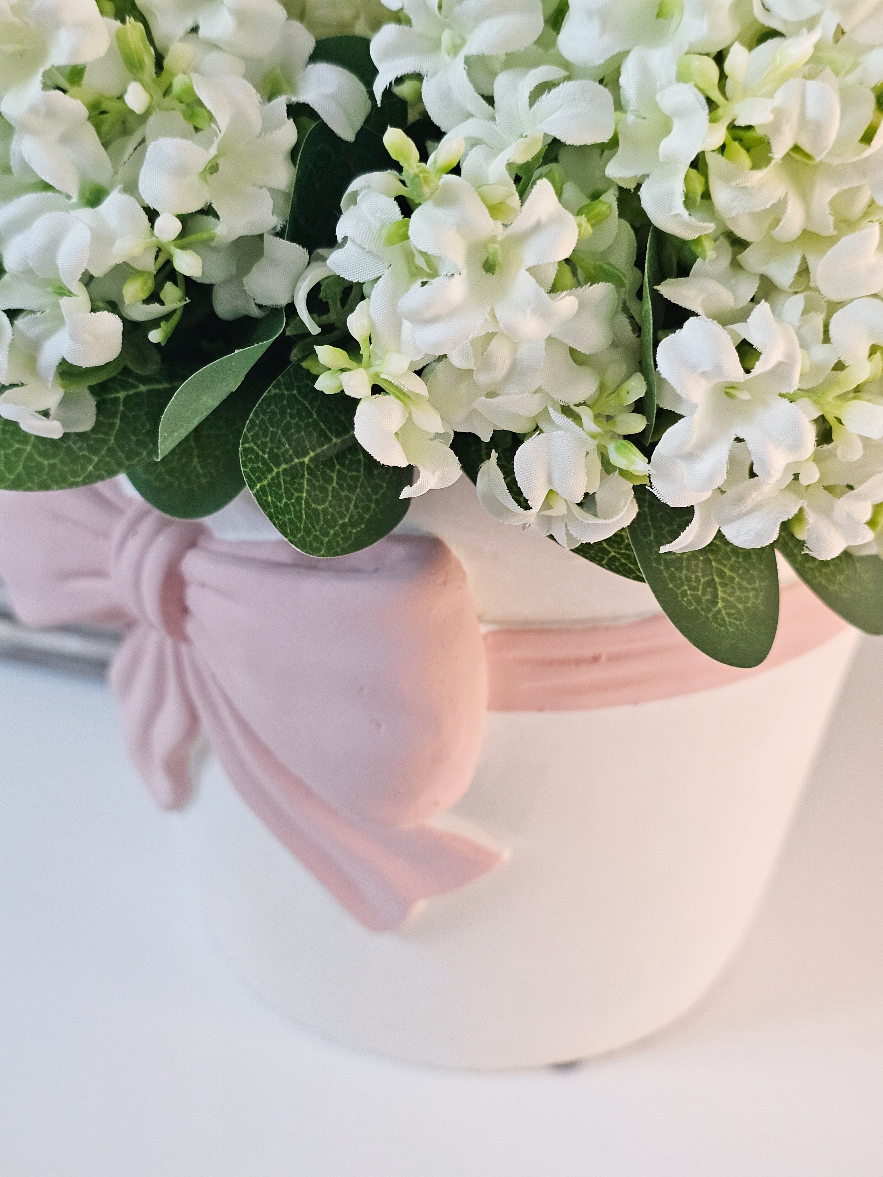 Pink Bow Vase & Lacey Hydrangeas