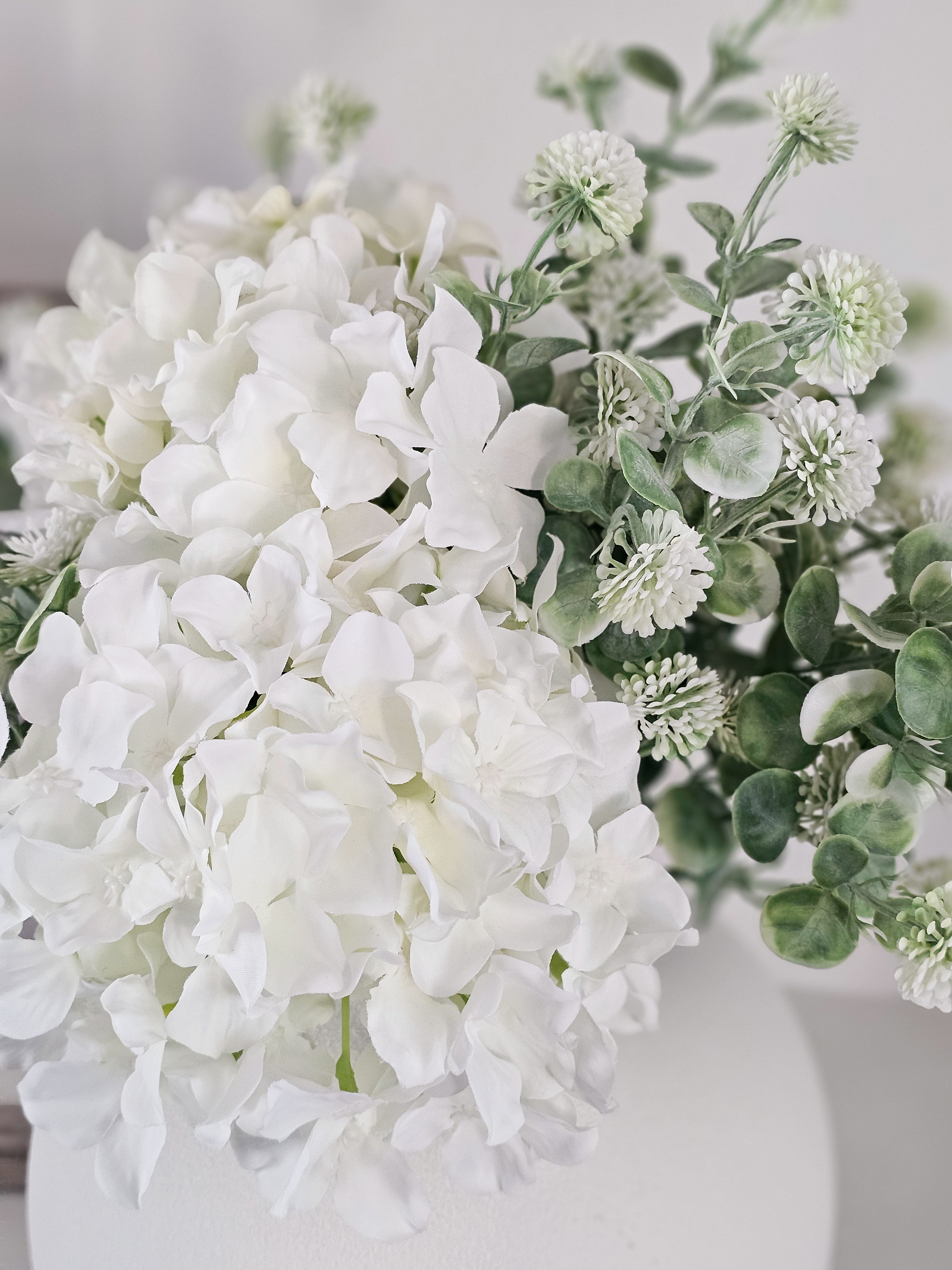 Hydrangea & Thistle Pom with White Vase