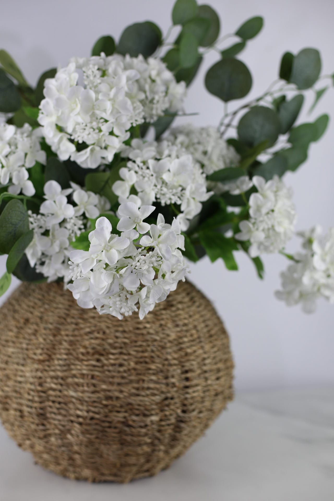 Double White Hydrangeas & Wicker Vase