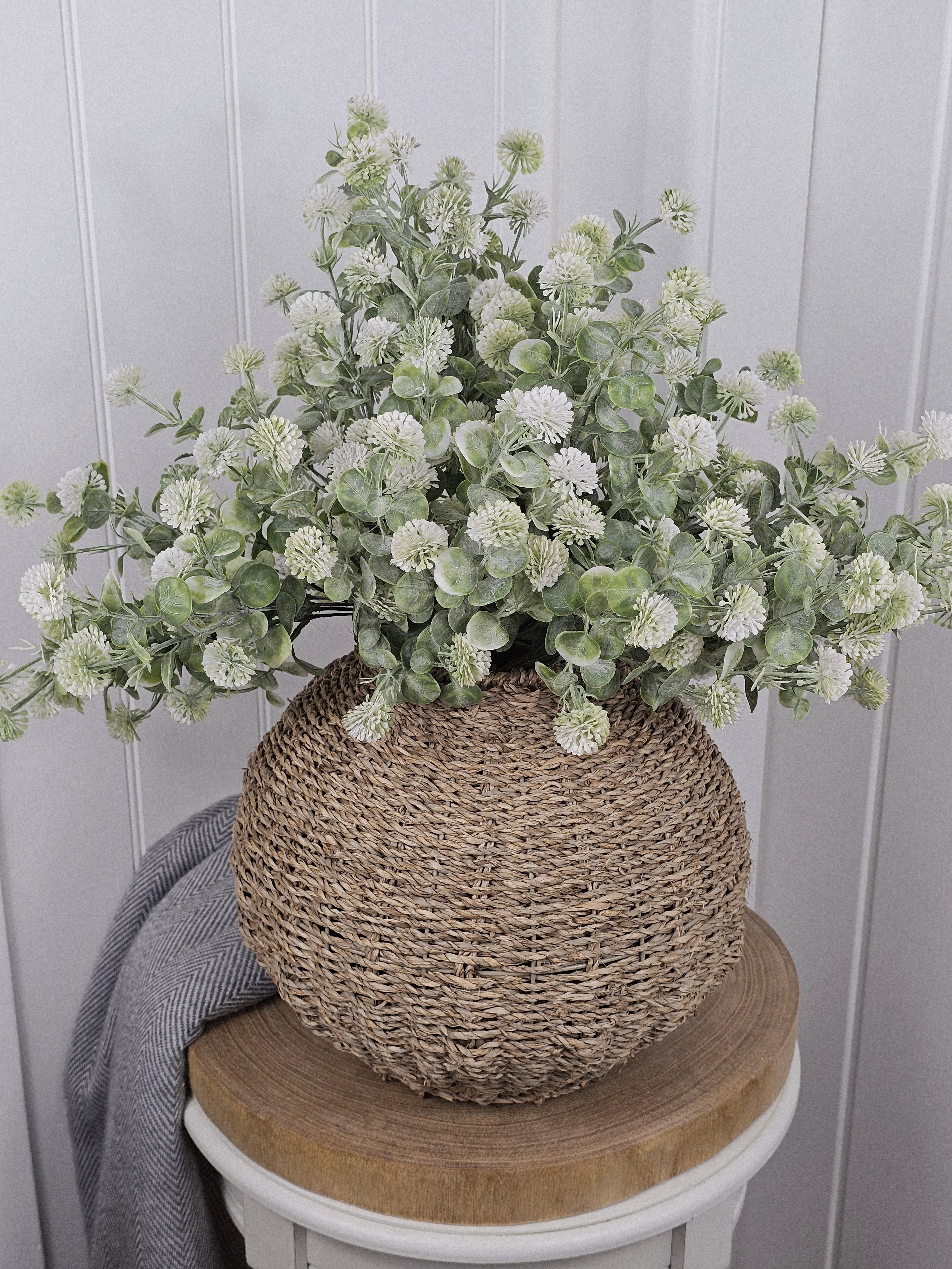 Soft Thistle Poms & Wicker Vase