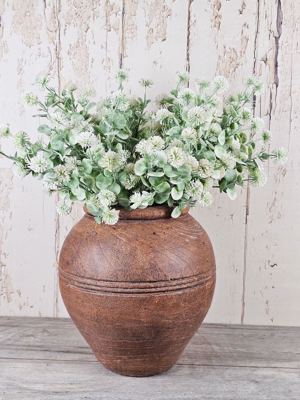 Dusted Poms & Rustic Brown Vase