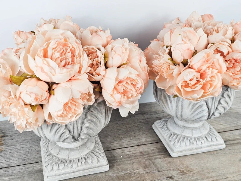 Pair Vintage Peony & Stone Urns